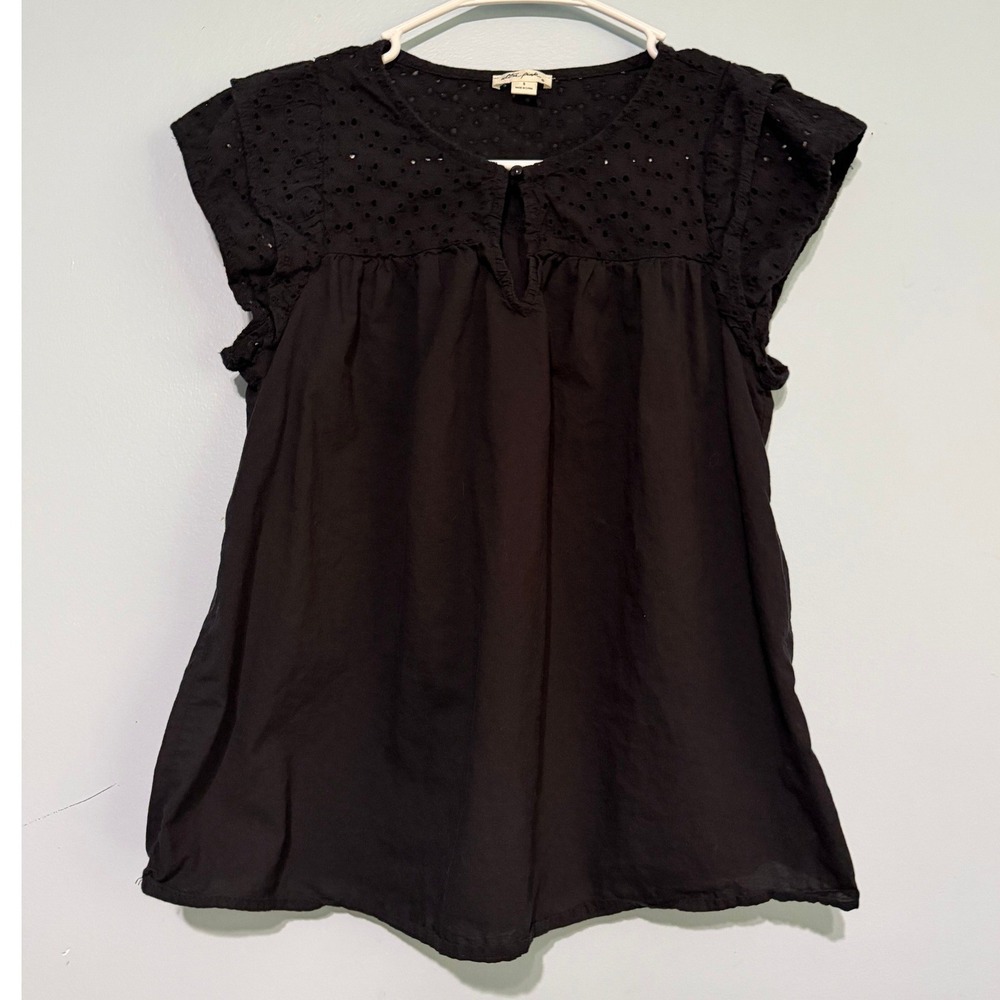 Ultra Pink Women's S Black Eyelet Lace Flutter Sleeve Cotton Blouse Top 1637
